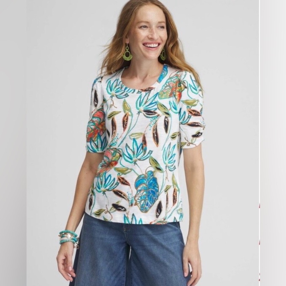 Chico's Tropical Botanical Leaf Print Short Sleeve Top Size 4(XXL)